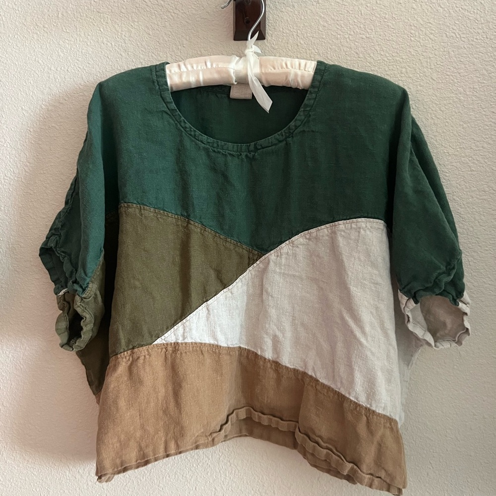 Colorblock Green, White, and Tan Women's Top